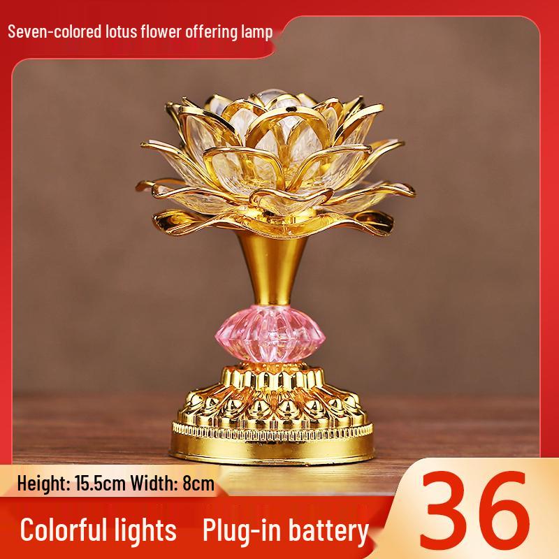 Seven-Color LED Rechargeable Buddha Offering Lamp - Lotus Design for Home and Guanyin Devotion.