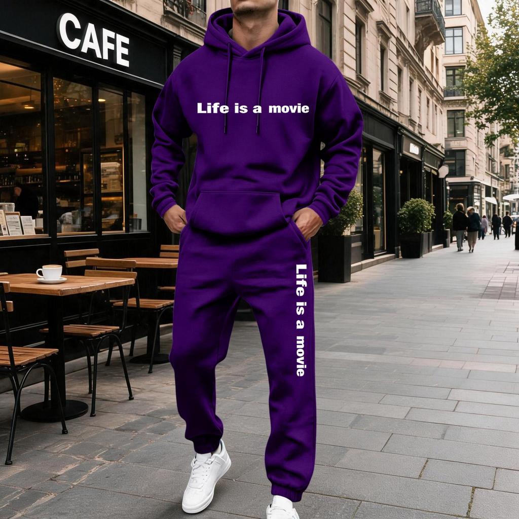 Men's Casual Letter Print Hooded Sweatshirt and Sweatpants Set, Lined Two Piece Outfit