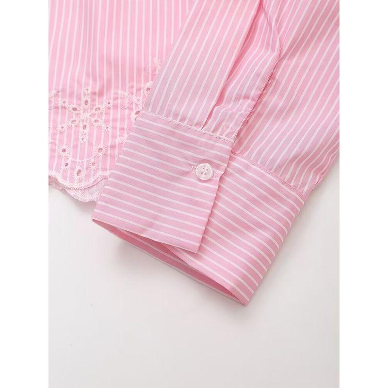 Kaslead New Arrival Women's Fashion Style Fashion Hollowed-out Embroider Stripes Shirt Pink 3564163