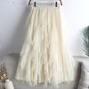 Qooth Summer Long Maxi Skirt Women FCute High-waisted Pleated Kawaii Tulle Skirt Mesh Gauze