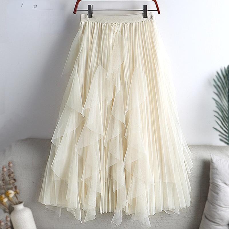 Qooth Summer Long Maxi Skirt Women FCute High-waisted Pleated Kawaii Tulle Skirt Mesh Gauze
