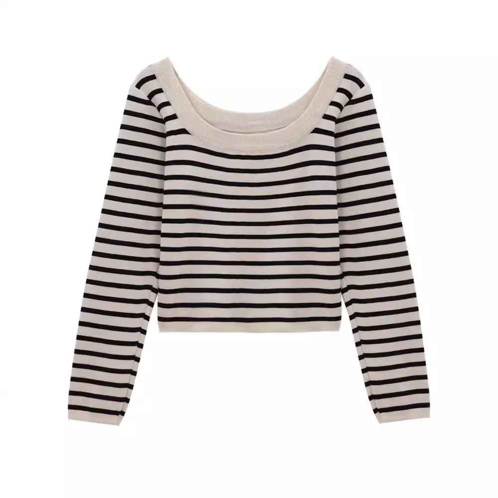 2024 Women's Chic Korean Color Block Knitwear: Black & White Striped Versatile Base Layer