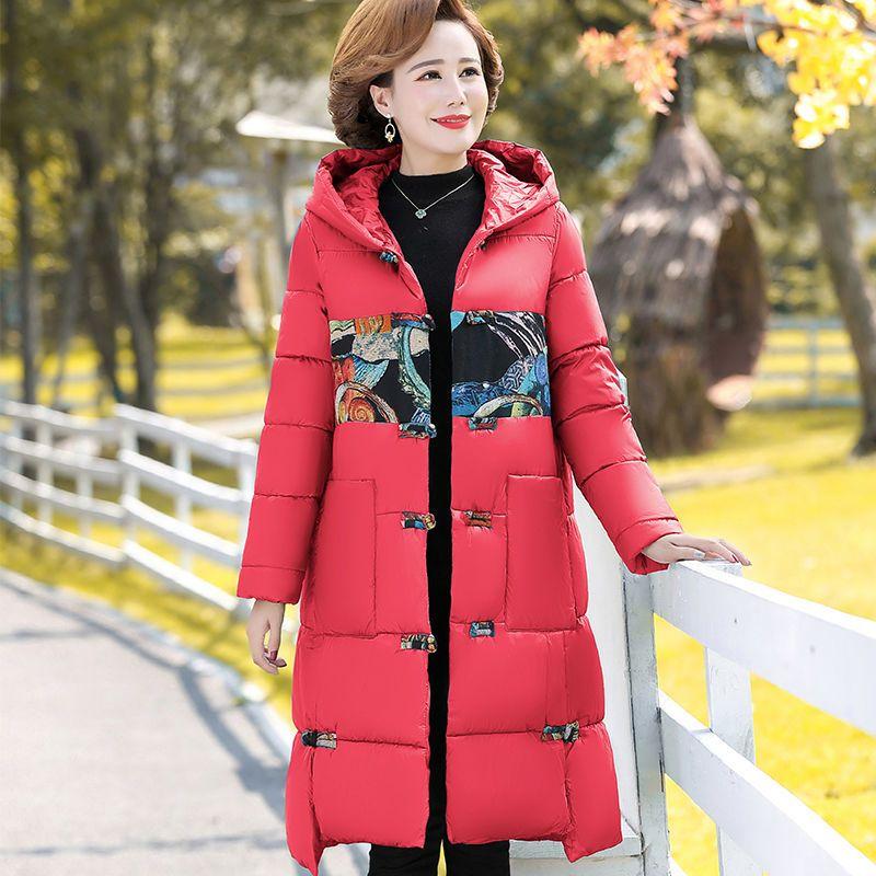 

Женское пуховое пальто в китайском стиле в стиле ретро, ​​длинная парка выше колена с этническим принтом, куртка, осень-зима L