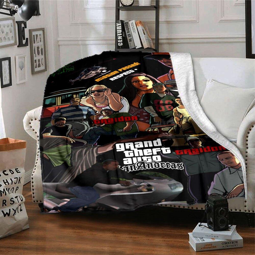 1 szt. Miękki koc flanelowy Grand Theft Auto z designerskim nadrukiem Przytulny koc na każdą porę roku, idealny na sofę, łóżko, do biura