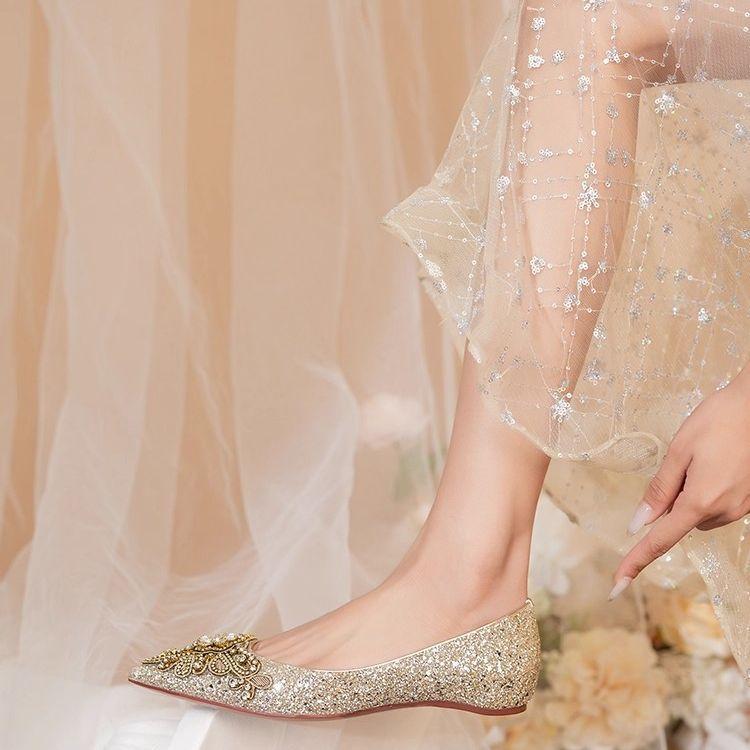 2025 new crystal wedding shoes bridal shoes Xiuhe wedding dress two wear pregnant women champagne flat shoes French single shoes