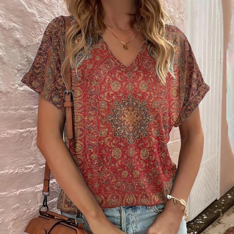 Casual Bohemian Print Women's Short Sleeve V-Neck Top T-Shirt