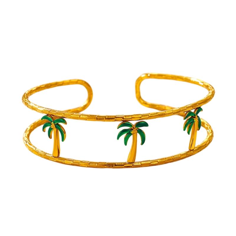 Open Cuff Bracelet Double Band Gold Tone Tropical Accessory for Vacation Outfits and Everyday Wrist Styling Mood