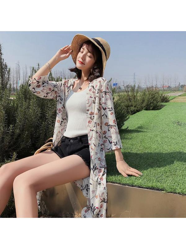 Women Mid-Length Chiffon Print Sun Protection Clothing Seven-Point Sleeve Cardigan