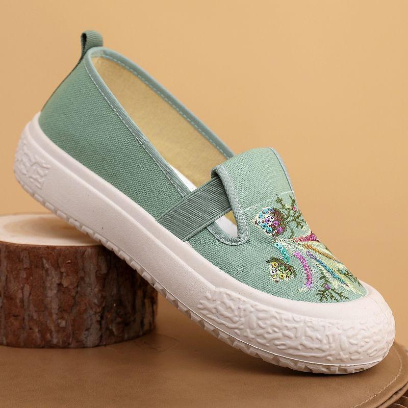 Sommer Neue Ländlicher Stil Damen Schuhe Bestickte Stoffschuhe Einschlupf Leinwand Student Vielseitig Atmungsaktiv Fischer Schuhe