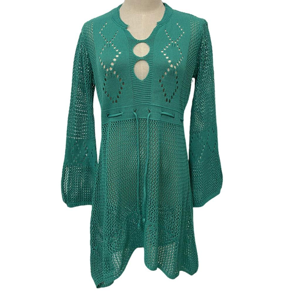 Fashion V Neck Summer Sunscreen Smock Knitted Hollow Out Swimsuit Cover Up Dress Loose Bathing Suit Swim Dress for Women