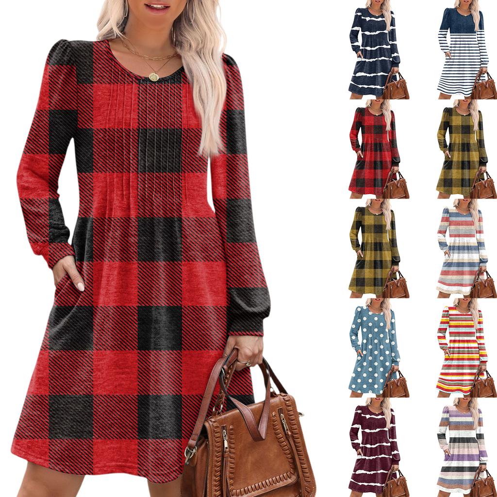 Women's Long Sleeve Pleated Round Neck Plaid Stripe Print Casual Dress With Pockets
