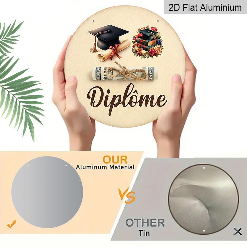 2D Flat, 1pc Vintage French Diploma Medal-Like Aluminum Plaque - 7.87Inch Round Graduation & Diploma Scroll with "Diplome" Inscription - Academic