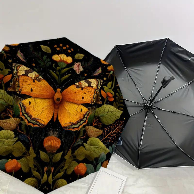 1pc Butterfly Flowers Automatic Folding Umbrella, Heavy Duty 8 Rib Iron Frame,  Suitable for Travel, Daily Use, Birthday, Decor Gift m0104094