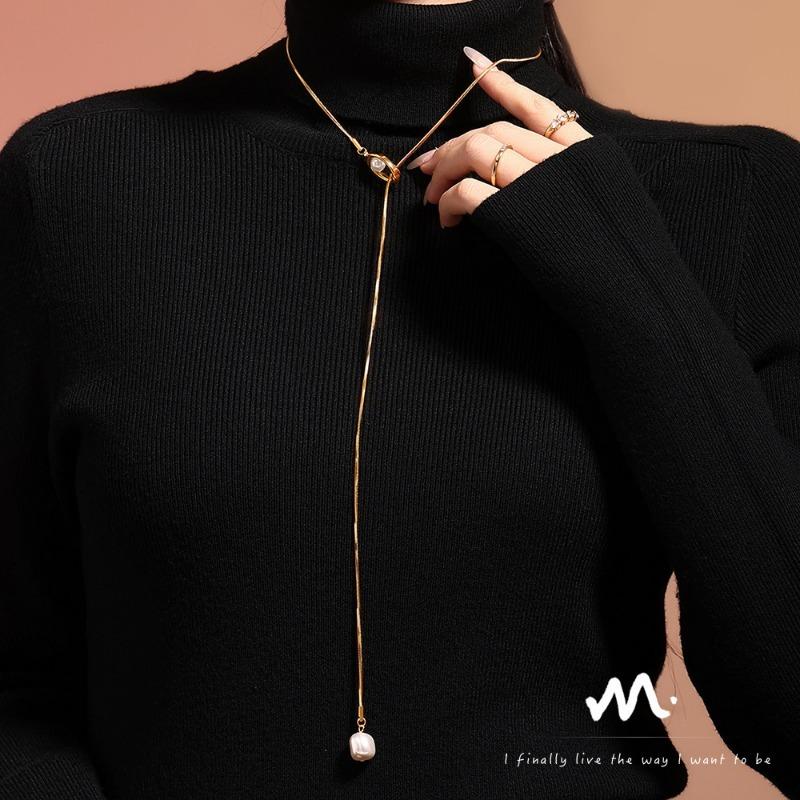 French Style Imitation Pearl Long Adjustable Pull Sweater Necklace Stainless Steel Luxury Jewelry For Women