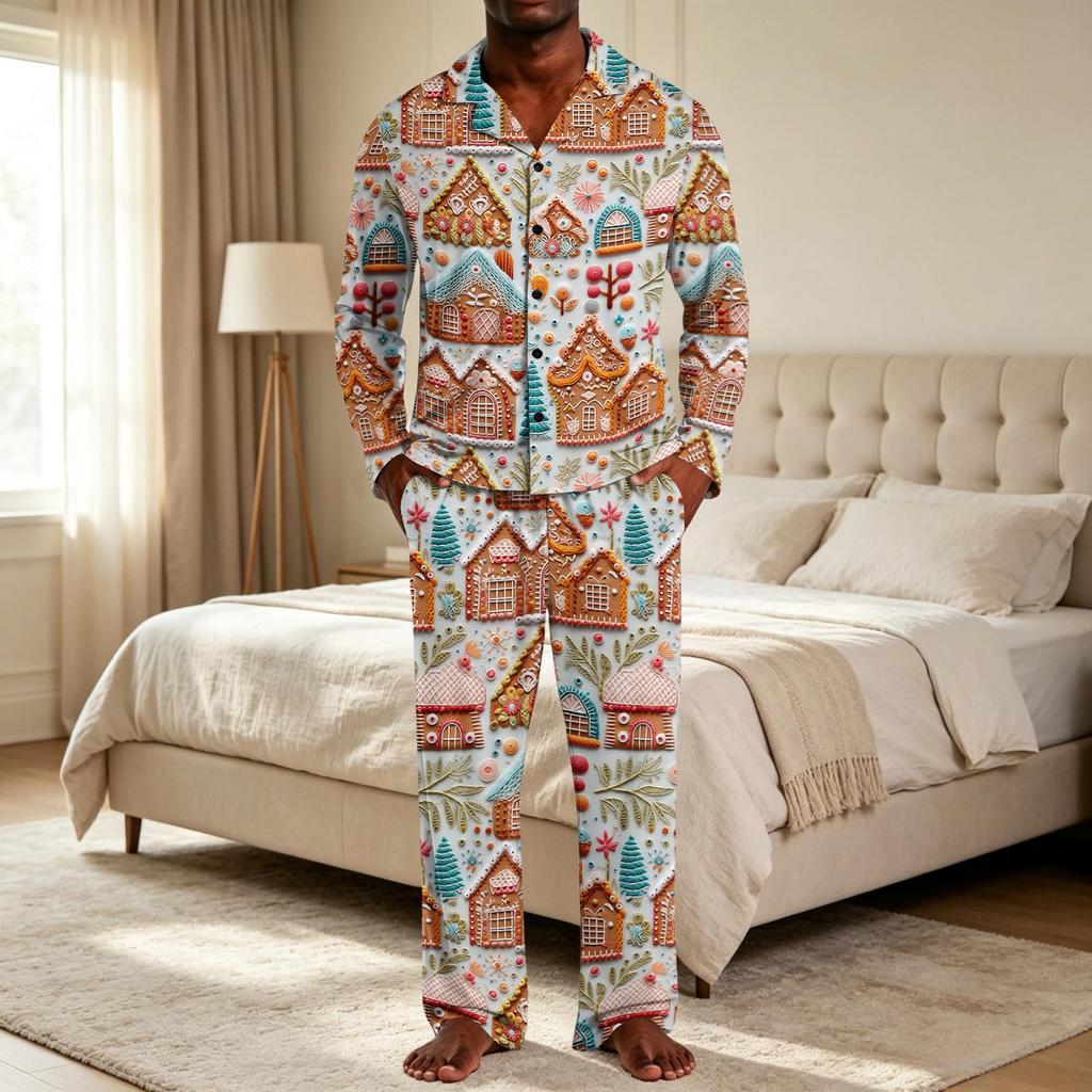Men's Loose Fit Christmas Print Pajama Set with Button Down Top and Straight Leg Pants - Two Piece Holiday Sleepwear