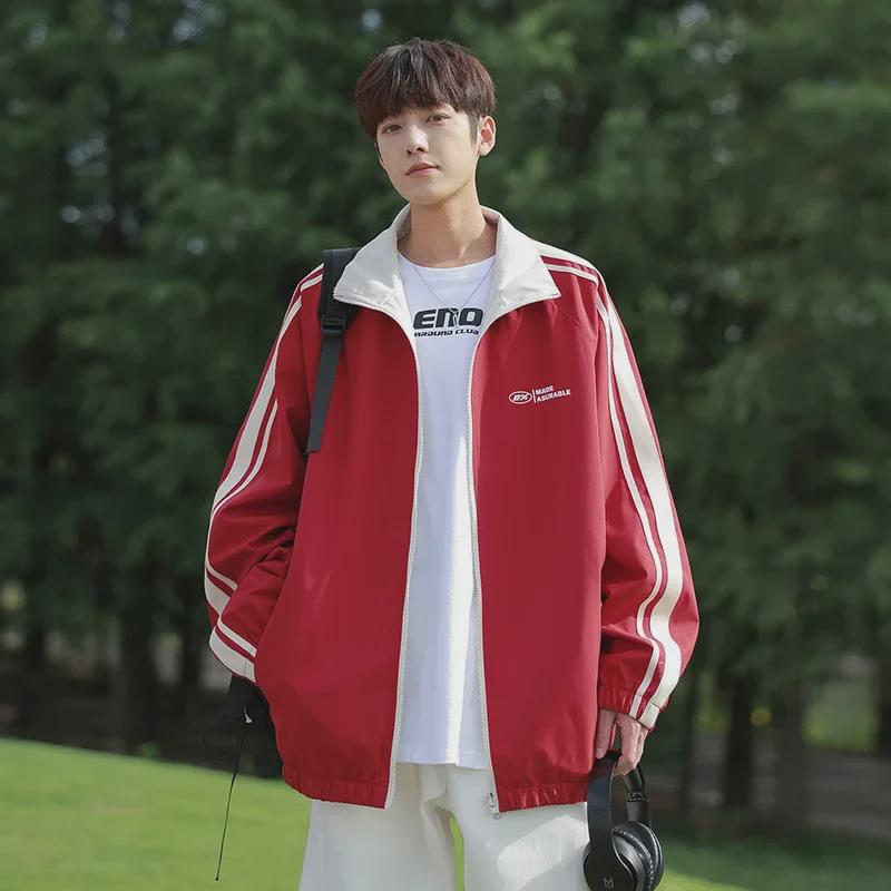 Hong Kong Style Men's Striped Two-Sided Stand-Up Collar Jacket - Casual Loose Fit for Spring and Autumn