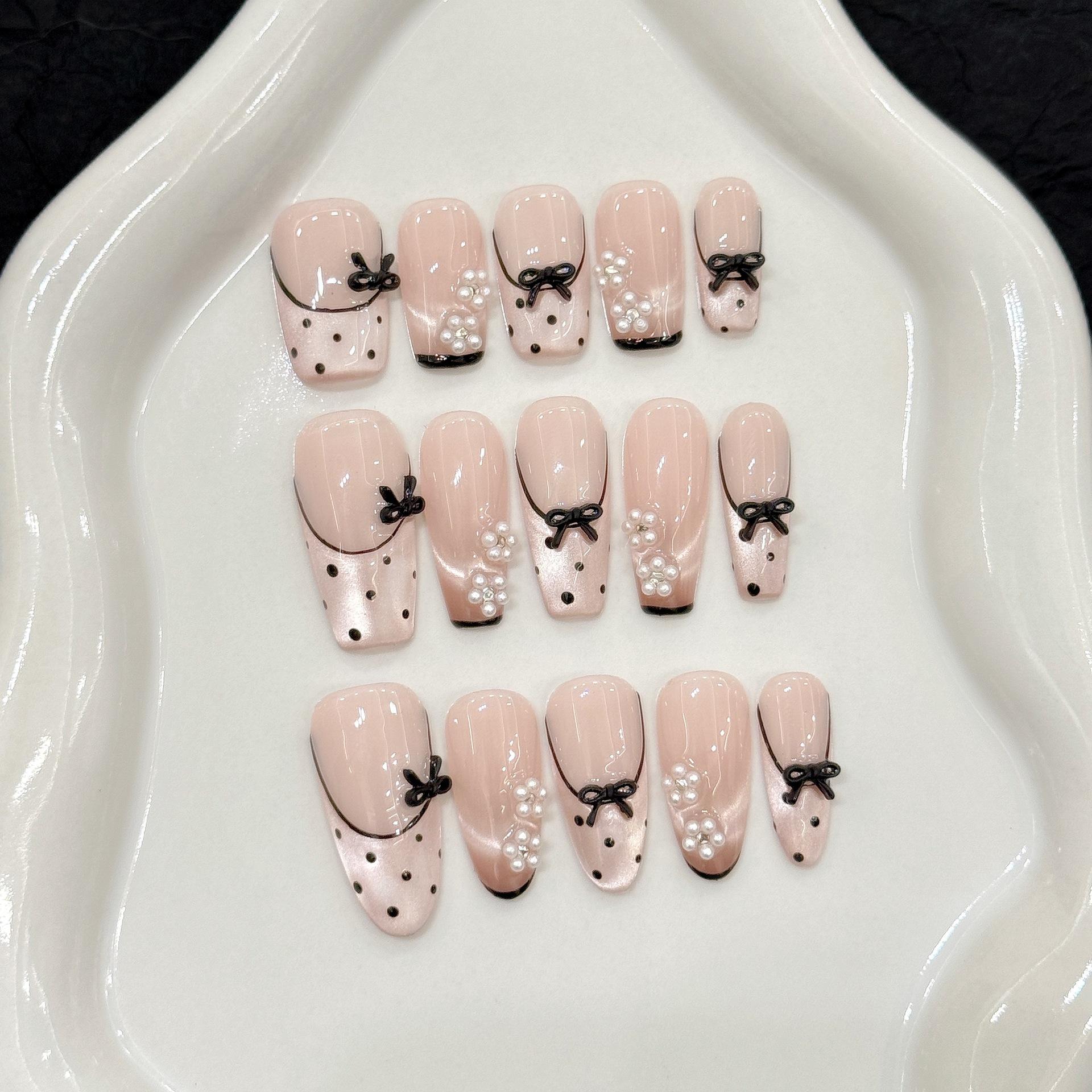 Hand-painted cat Eye Lace Border French Polka Dot 3D Bow Pearl Decoration Nail Sticker Pure Handmade Wearable Nail 30g