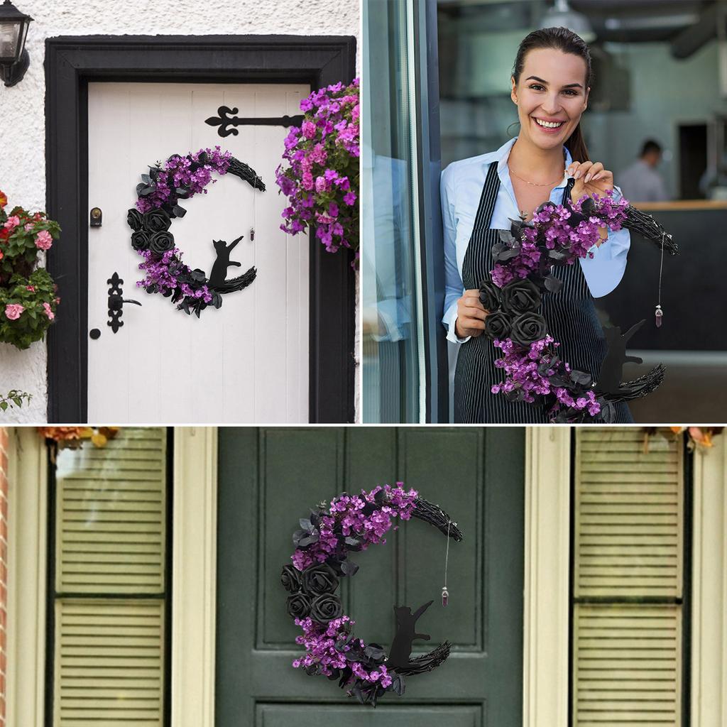 Halloween Wreath for Front Door Moon for Cat Rose Flower Garland Hanging Ornament Farmhouse Home Indoor Outdoor Decorations