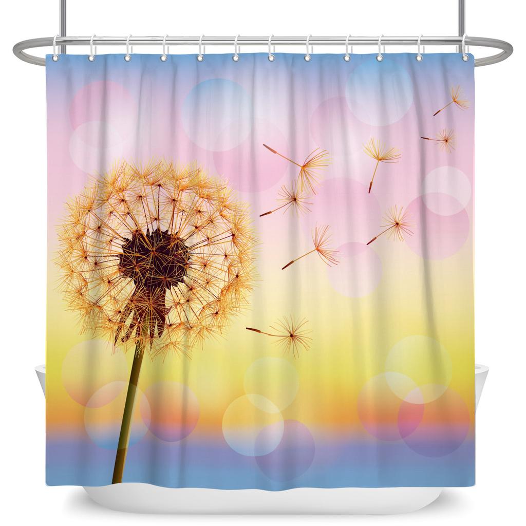 Dreamy Nature Dandelion Shower Curtain With 12 Hooks Cherry Blossom Background Flying Seed Waterproof Polyester Bathroom Curtain