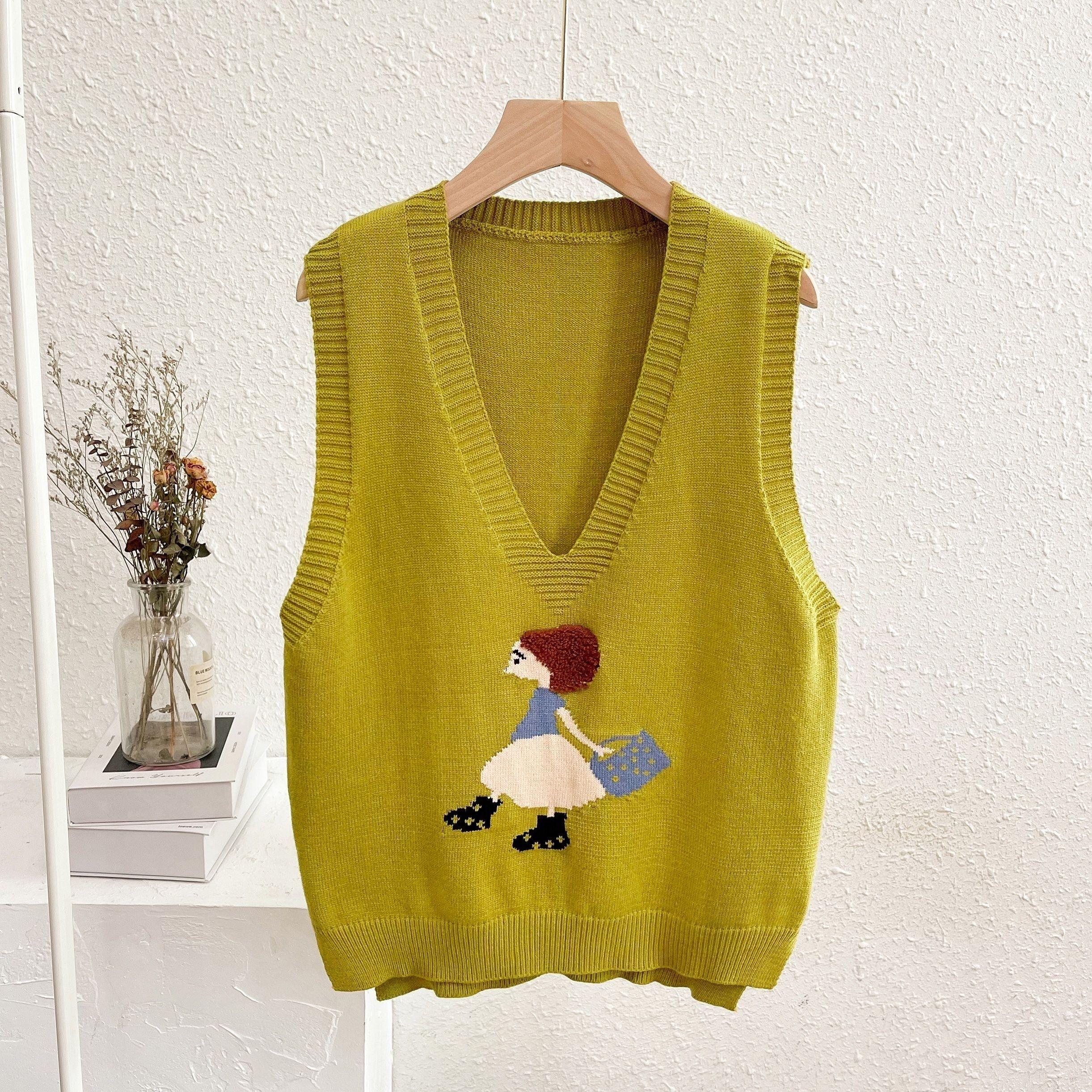 

Майка с рисунком из мультфильма, свитер для девочек с V-образным вырезом, корейская версия, жилет без рукавов, свободный вязаный свитер для ранней осени, верхняя одежда XL