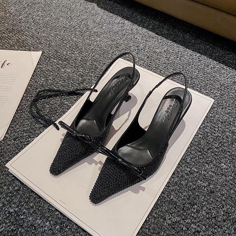 

2025 autumn new M home small square head thin heel bow rhinestone bag head slippers champagne high heel sandals women 40