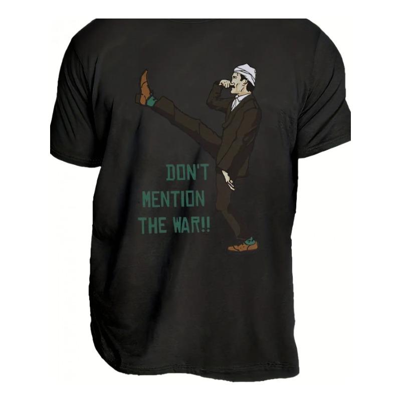 European Size Men's Vintage Monty Python Graphic T-Shirt, "Don't Mention The War!" Humorous Quote, Breathable Moisture-Wicking Fabric,Short Sleeve Top