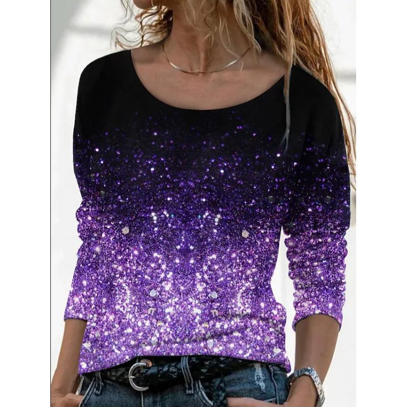 Women's Floral Print Gradient Long Sleeve Top Casual Crew Neck 3D Rose Print Tunic Shirt