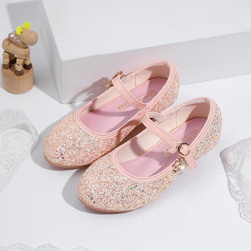 Children's high heels, new fashion styles for girls, pink sequined performance shoes for students, and formal shoes for little girls and flower girls