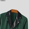INCERUN Men V Neck PU Patchwork Long Sleeve Rib Stretch Pullovers Tops Undershirts