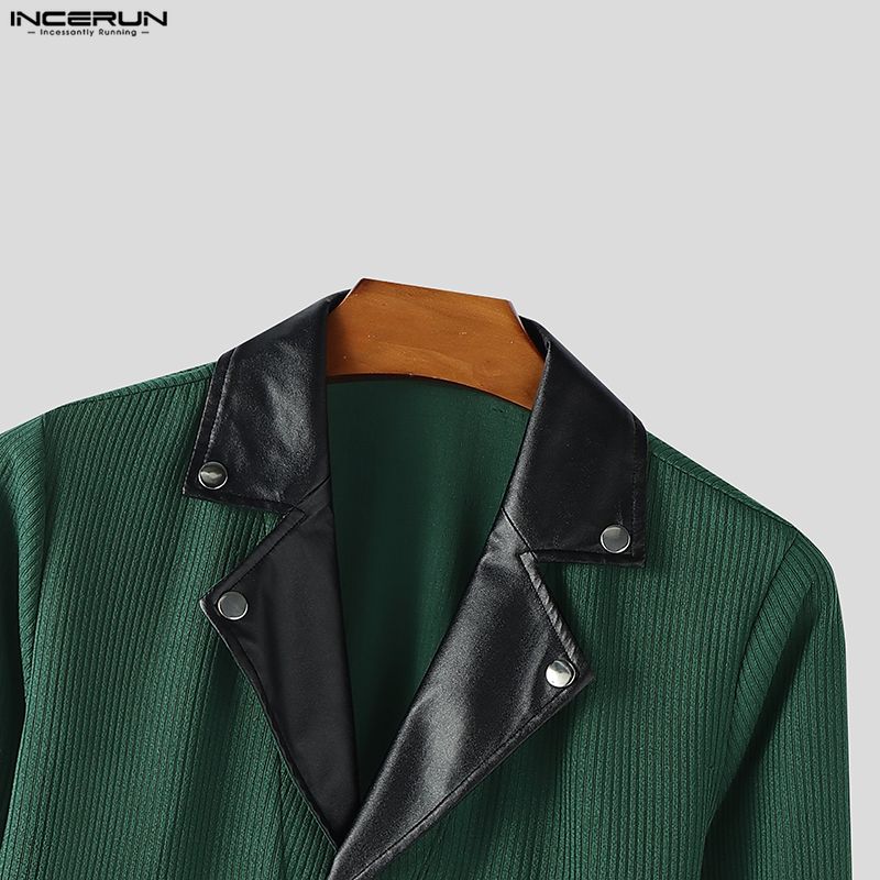 INCERUN Men V Neck PU Patchwork Long Sleeve Rib Stretch Pullovers Tops Undershirts