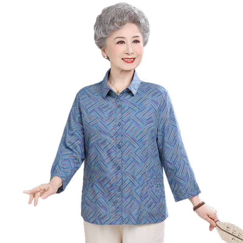 Vintage 60s-80s Grandma Cotton Blouse: Spring/Summer Seven-Sleeve Top for Elderly Women