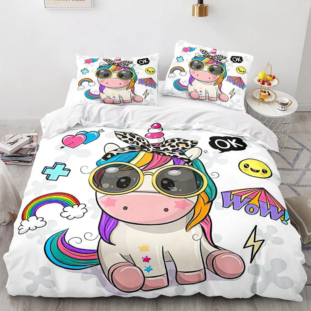 Rainbow Unicorn Duvet Cover Set Queen Size Glitter Rainbow Unicorn Bedding Set for Girls Teens Rainbow Unicorn Comforter Cover
