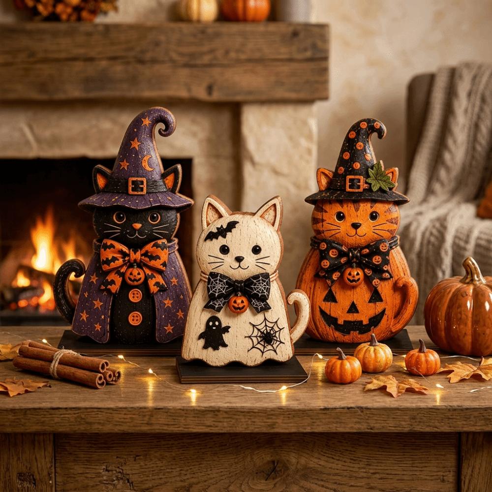 3pcs Rustic-style Halloween Figurine Pumpkin Tabletop Decoration Vintage Witch Cat Ornament Bedroom