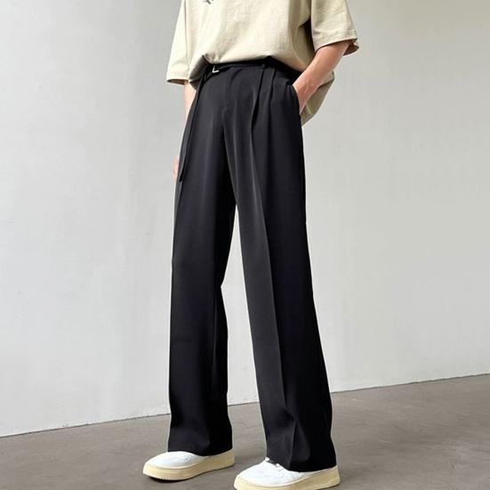 Men Suit Pants Straight Wide Leg Loose Belted Adjustable Waist Solid Color Formal Business Style Streetwear Full Length Casual Office Wear Trousers