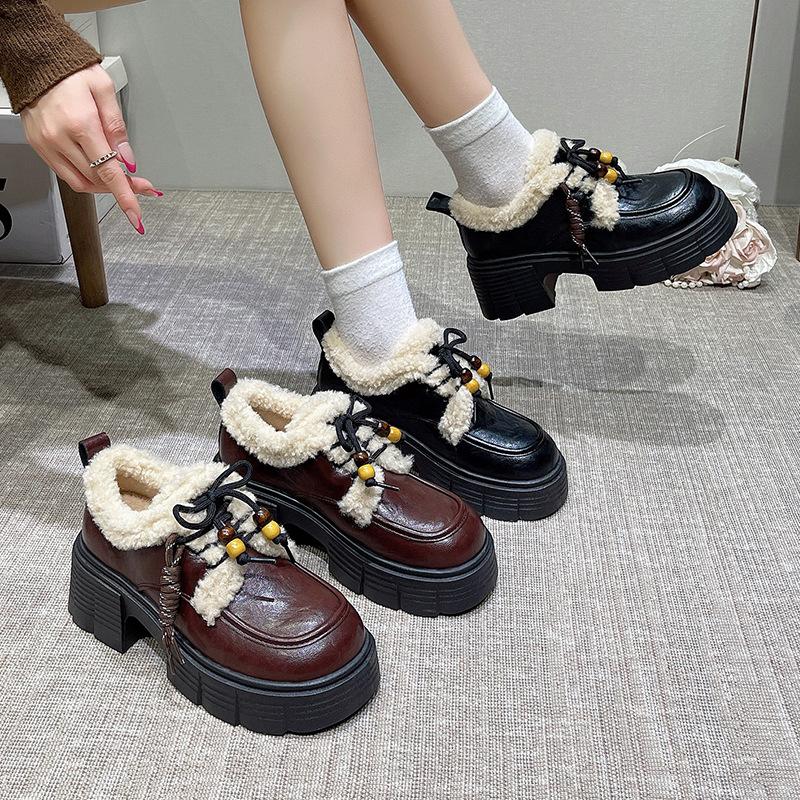 Winter Fluffy Shoes Women's 2025 New British Style Small Leather Shoes, Plush Thick-soled Warm Cotton Shoes, Casual Snow Shoes