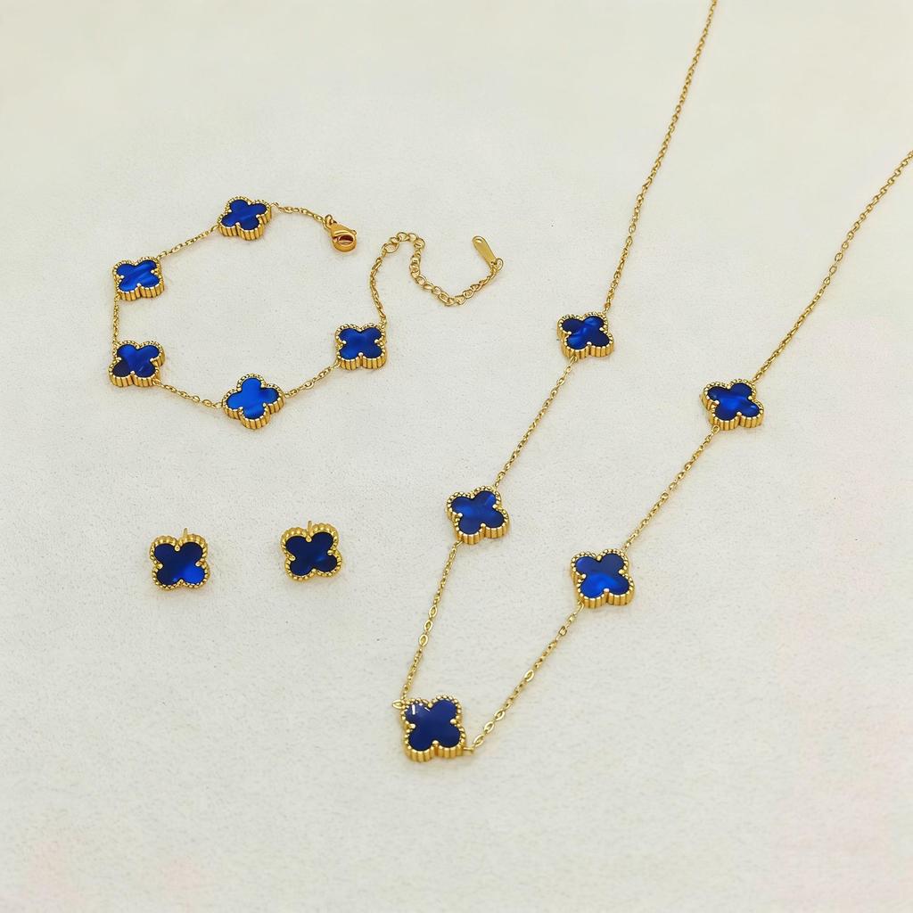 Set de Joyería de Acero de Titanio Madreperla Doble Cara Trébol de Cuatro Hojas con Pulsera, Collar y Pendientes