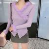 Women's Designer Slim Fit V-Neck Sweater - Fuzzy Splicing, Autumn/Winter Collection