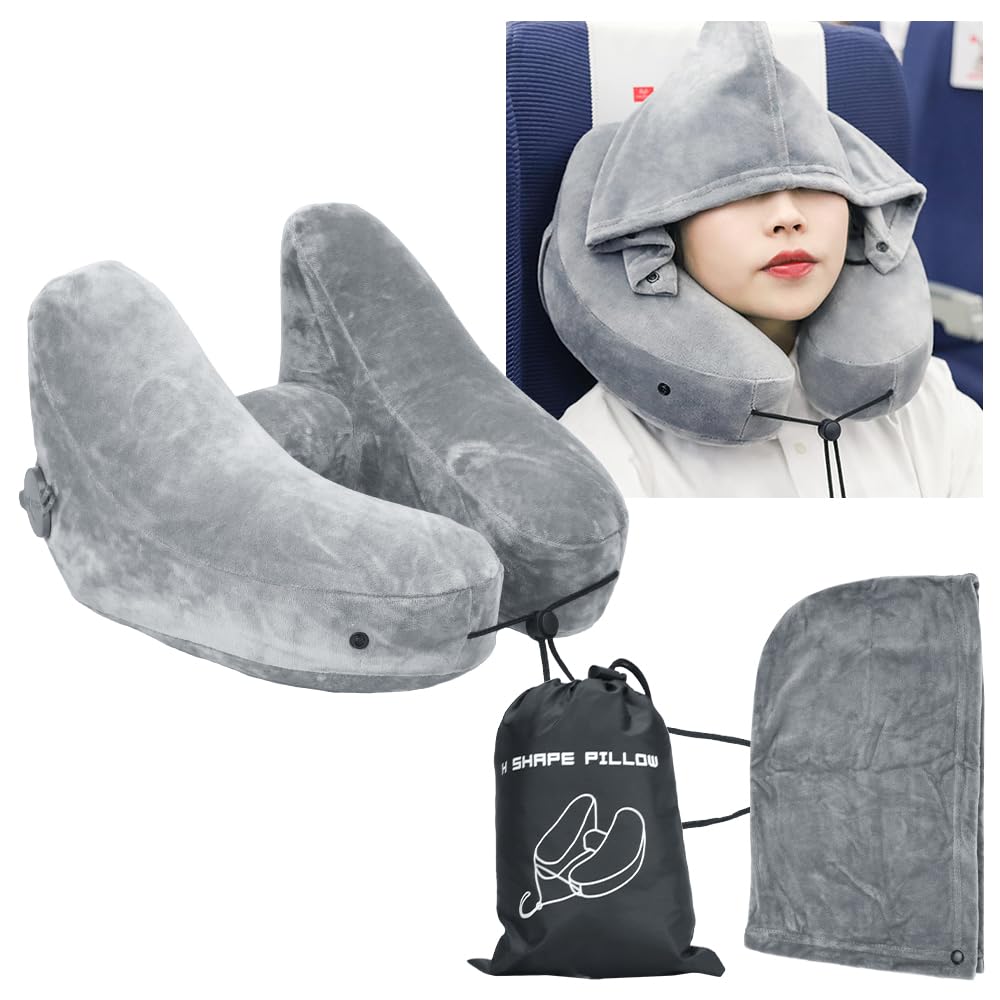 

Compact, inflatable hooded neck pillow for lumbar support, perfect for naps, travel, airplanes, bullet trains, and cars (Pearl Gray)