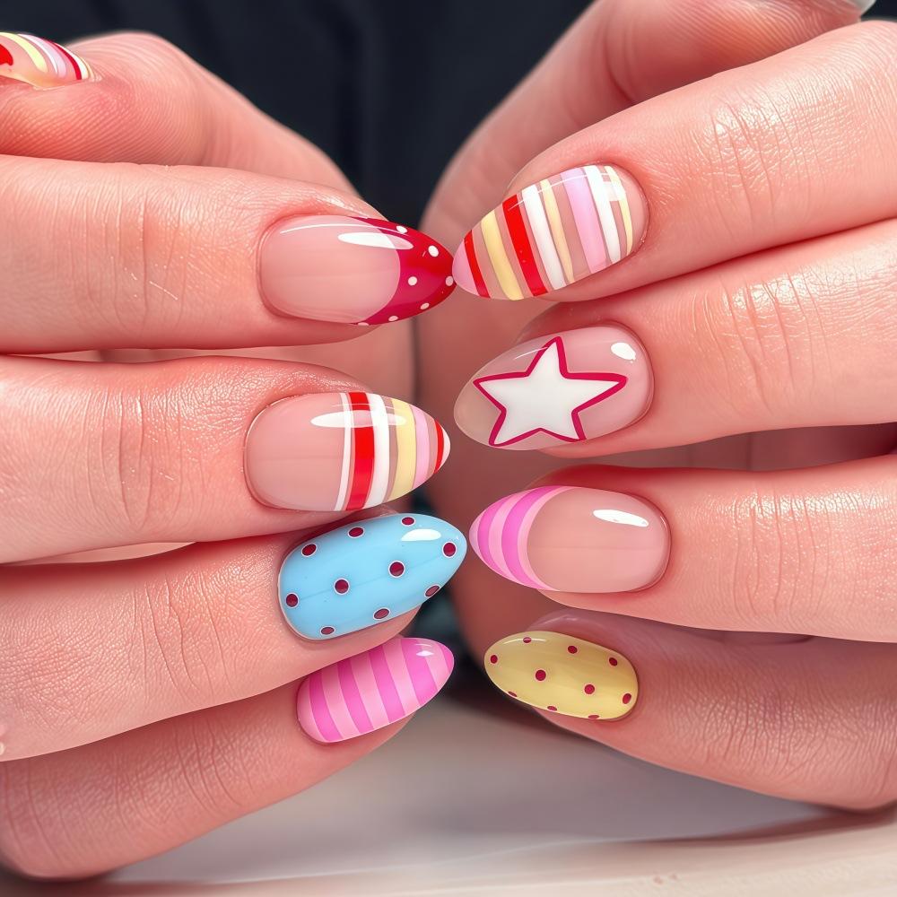30 stuks kunstnagels spiraalvormig reliëf dopamine-geïnspireerde citroen- en sterontwerpen press-on nagels—Perfect als cadeau voor meisjes