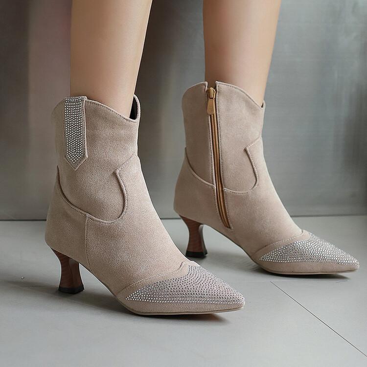 Spring Autumn Womens Ankle Boots for Women Suede Women High-heeled Boots Street Fashion Women Crystal Shoes Botines Para Mujeres