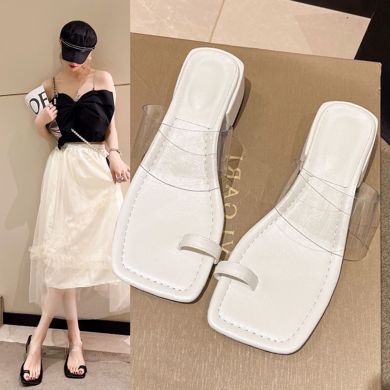 2025 Summer New Fashion One-word Square Head Cover Toe Middle Heel Transparent High Heels Thick Heel Slippers Women's Sandals