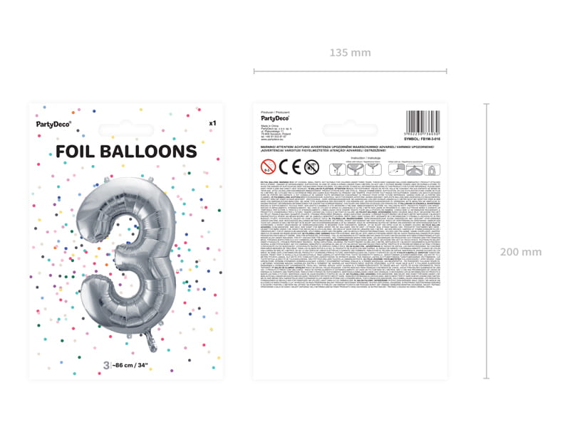 Partydeco Balon Foliowy Cyfra 3 86Cm Srebrny