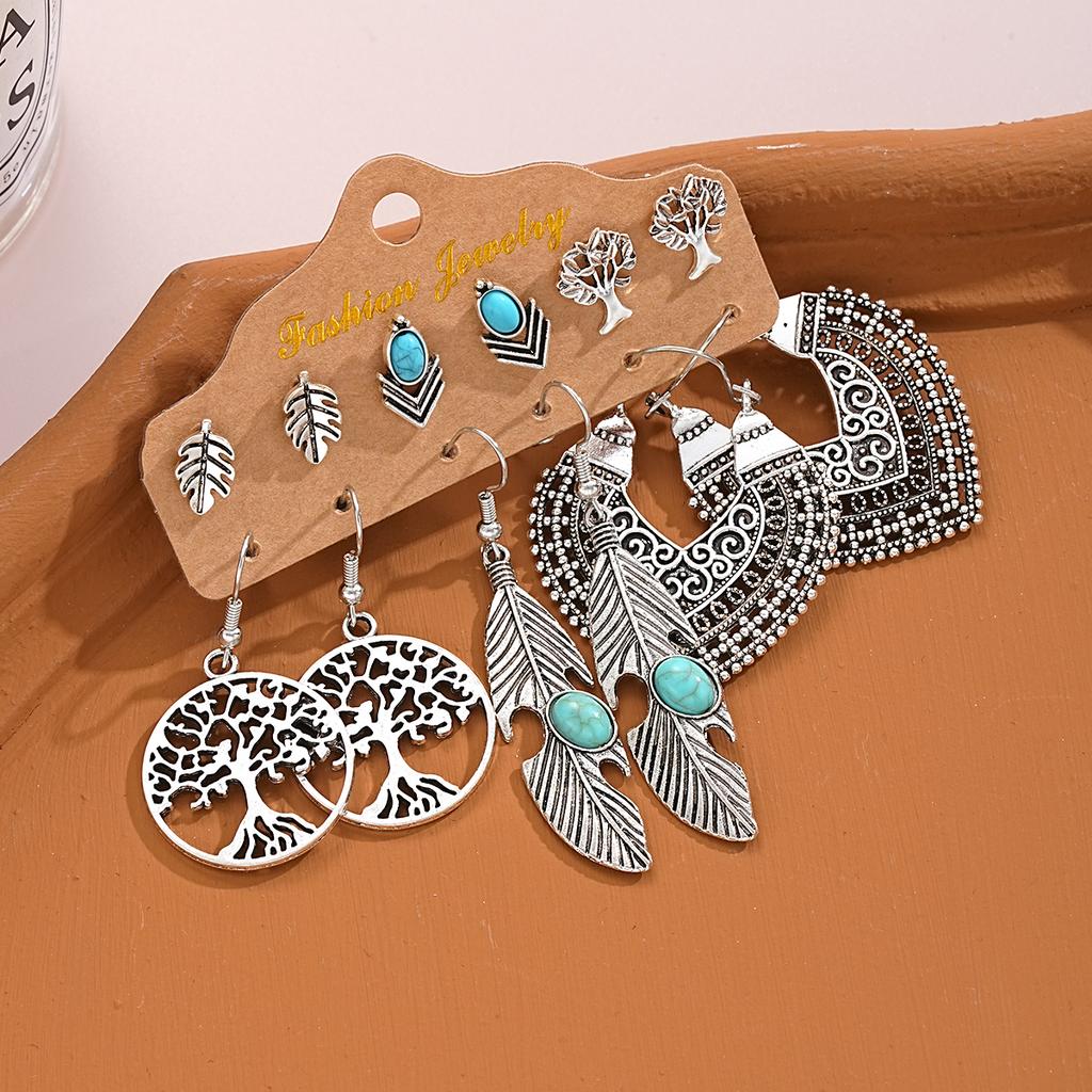 Bohemian Vintage Tibetan Silver Color Earring Sets For Women Ethnic Geometric Heart Shape Leaf Shell Drop Earrings Jewelry Gifts