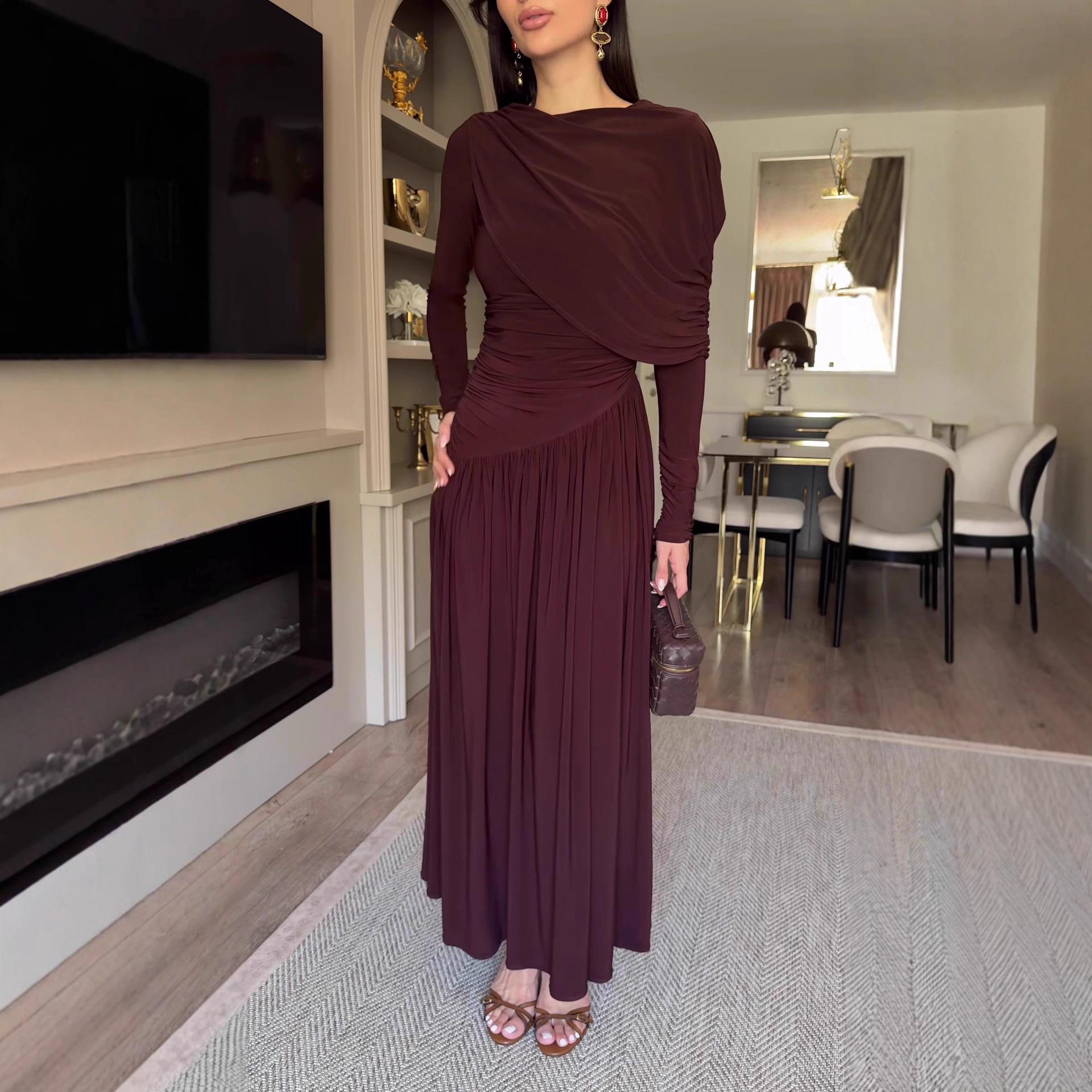 

2025 Autumn Long Sleeve Round Neck Ruched Waist Slim Fit Solid Color Dress XXL каштановий