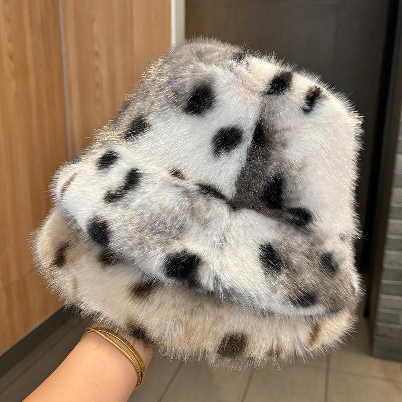 Stylish atmosphere imitation mink leopard print hairy bucket hat women autumn and winter big brim show face small Internet celebrity photogenic basin