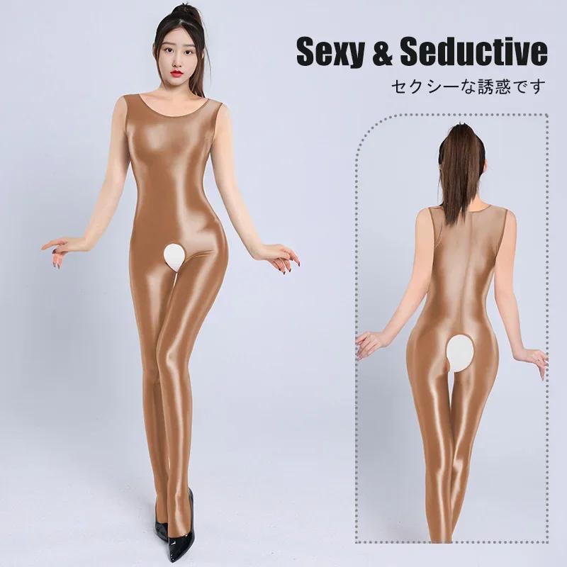 Sexy Shiny Glossy Backless Bodysuit Women'S Crotchless Sleeveless Jumpsuit Satin Smooth Tights One Piece Leotard Catsuit Ootd
