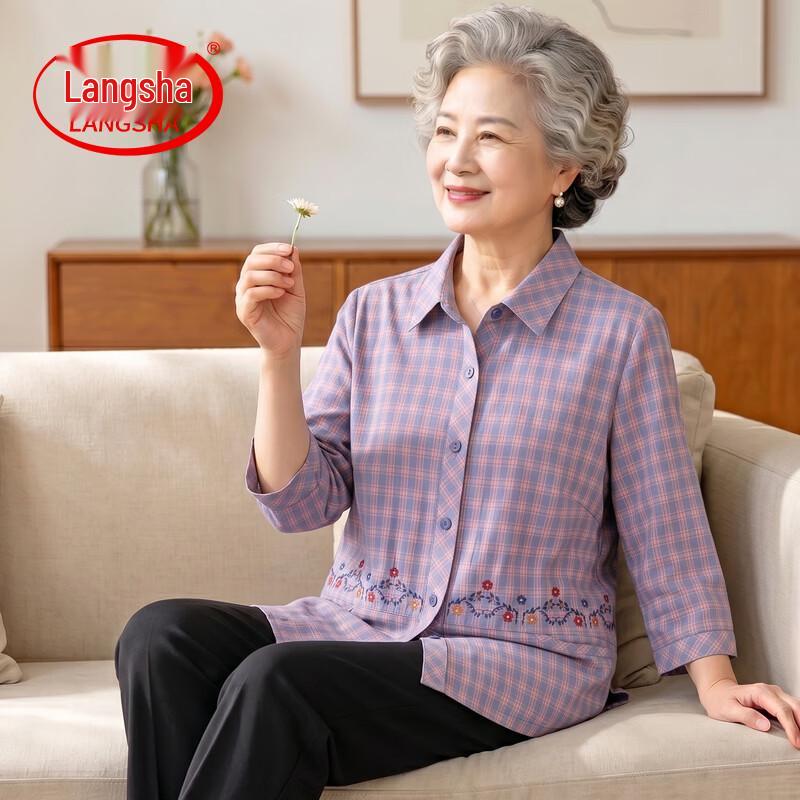 Langshen Women s Plaid Summer Shirt for Elderly 3XL