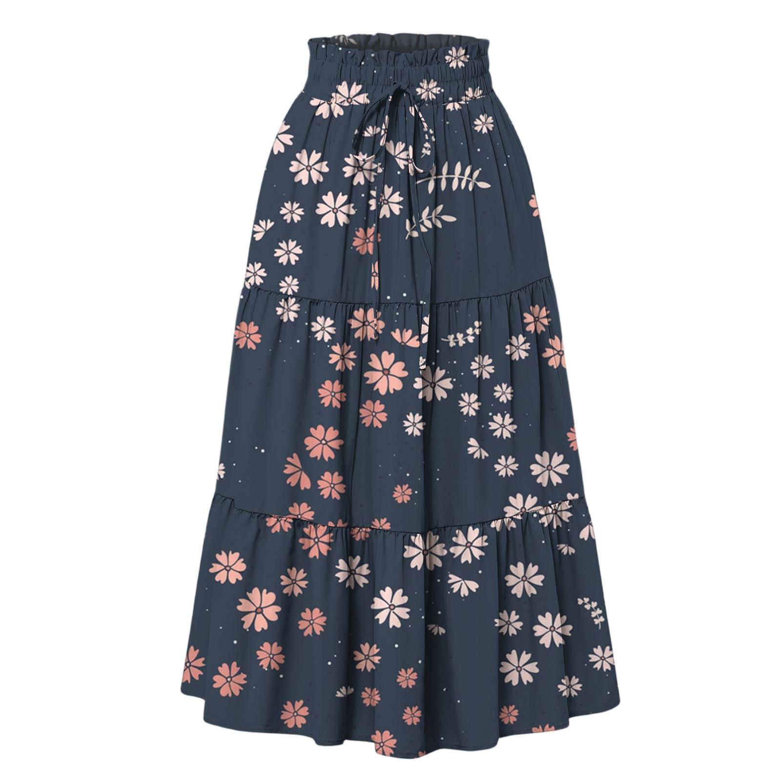 

Женская модная юбка свободного покроя с цветочным принтом и эластичным поясом без карманов M тёмно-синий