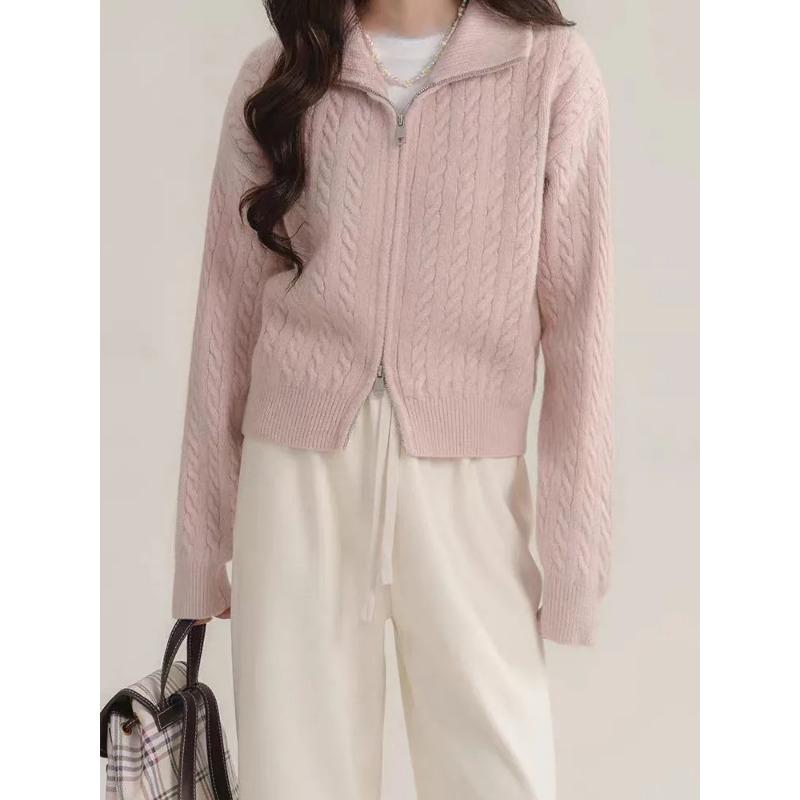 

Осень и зима новый абрикосовый свитер с высоким горлом куртка женский зимний утолщенный вязаный кардиган на молнии короткий топ average size