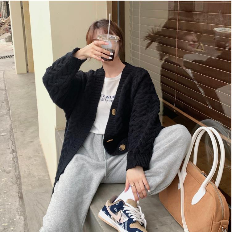 Knitted cardigan jacket women's Korean version twist autumn and winter knee versatile lazy wind loose thickened long outer sweater